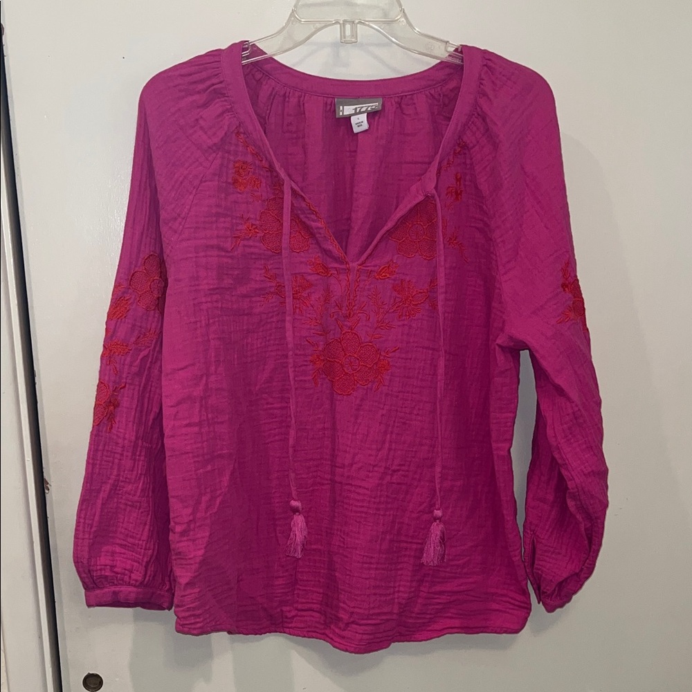1775 Vibrant Pink / Red Embroidered Blouse size Large